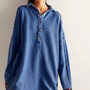 Free People Wilder Polo Shirt Top Waffle Contrast Oversized S